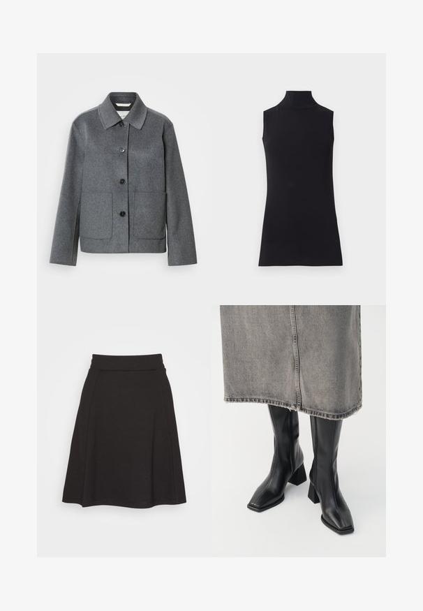 Veste en mélange de laine grise avec col, fermeture boutonnée à l'avant et deux grandes poches. Manches droites avec une texture lisse.; Haut sans manches noir en col roulé, fabriqué à partir d'un tissu lisse. Design ajusté avec un col haut et un ourlet droit, minimaliste et de couleur unie.; Jupe noire évasée en tissu doux avec une texture lisse. Elle possède une large ceinture et arrive à mi-cuisse.; Bottes noires montantes en cuir lisse avec un bout carré et un talon bloc. Portées avec une jupe en denim grise à l'ourlet effiloché.