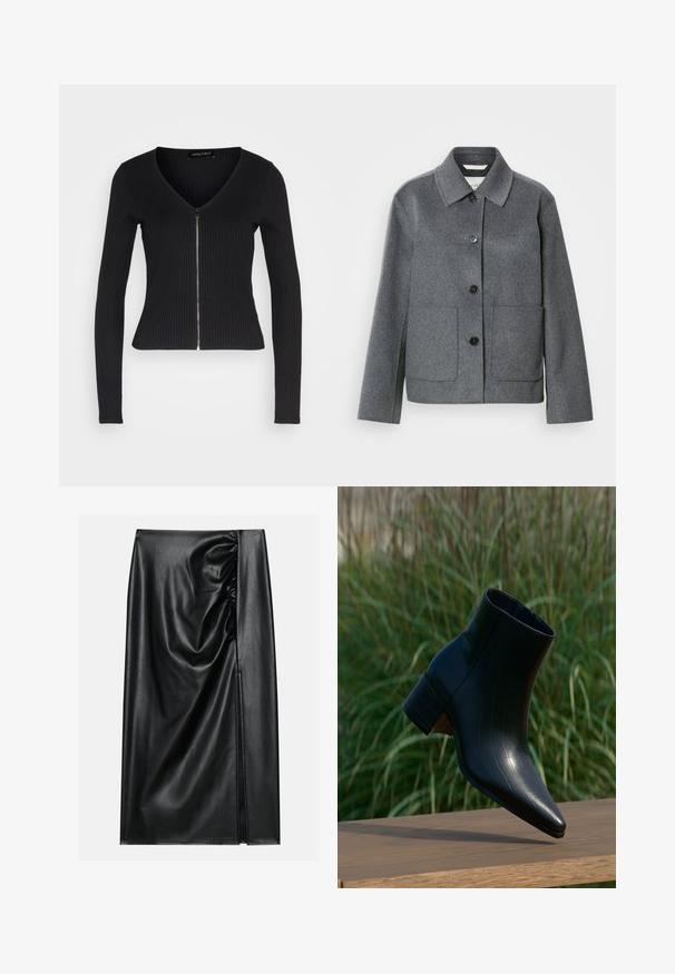 Veste en mélange de laine grise avec col, fermeture boutonnée à l'avant et deux grandes poches. Manches droites avec une texture lisse.; Haut noir à manches longues à côtes, avec un col en V et une fermeture éclair à l'avant. Présente un design ajusté et une texture douce.; Jupe en cuir noir avec une texture lisse, présentant une section froncée sur un côté et une fente sur le côté pour un détail supplémentaire.; Bottine noire en cuir avec un bout pointu et un talon bloc reposant sur une surface en bois, avec une herbe verte haute en arrière-plan.