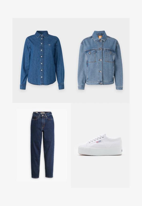 Blå denimjakke med klassisk krave, knappet front, to brystlommer med klapper og subtile syninger.; GANT REG - Skjortebluser - indigo; Mørkeblå denimjeans med høj talje, femlommedesign og lige ben. Kontrastsyninger og knaplukning.; Hvide canvas sneakers med en tyk hvid platformssål, rund tå og metaløjelets til snørebånd. Mærkets logo præsenteret på siden.