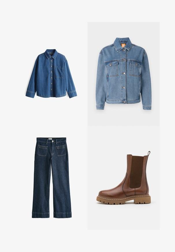 Blaue Jeansjacke mit klassischem Kragen, Knopfverschluss, zwei Brusttaschen mit Klappen und dezenten Stickdetails.; Jeanshemd, hellblau, langärmlig, Knopfleiste vorne, Kragen, eine Brusttasche, kontrastierende Nähte und ein lässiger Schnitt.; Dunkelblaue Jeans mit weitem Bein, vorderen aufgesetzten Taschen, Gürtelschlaufen, Knopfverschluss und sichtbaren kontrastierenden Nähten.; Braune Leder-Ankle-Boots mit elastischen Einsätzen und einem Ziehschlaufe. Sie verfügen über eine robuste Gummisohle und sichtbare Nahtdetails entlang der Kanten.