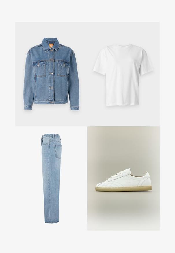 Blå denimjakke med klassisk krave, knappet front, to brystlommer med klapper og subtile syninger.; Hvid kortærmet rundhalset t-shirt vist fladt på en lys grå baggrund.; Lysblå straight-leg denim jeans med høj talje og synlig baglomme, vist fra siden mod en hvid baggrund.; Hvid lavtop lædersneaker med beige sål, snøredesign og subtile syede mønstre på neutral baggrund.