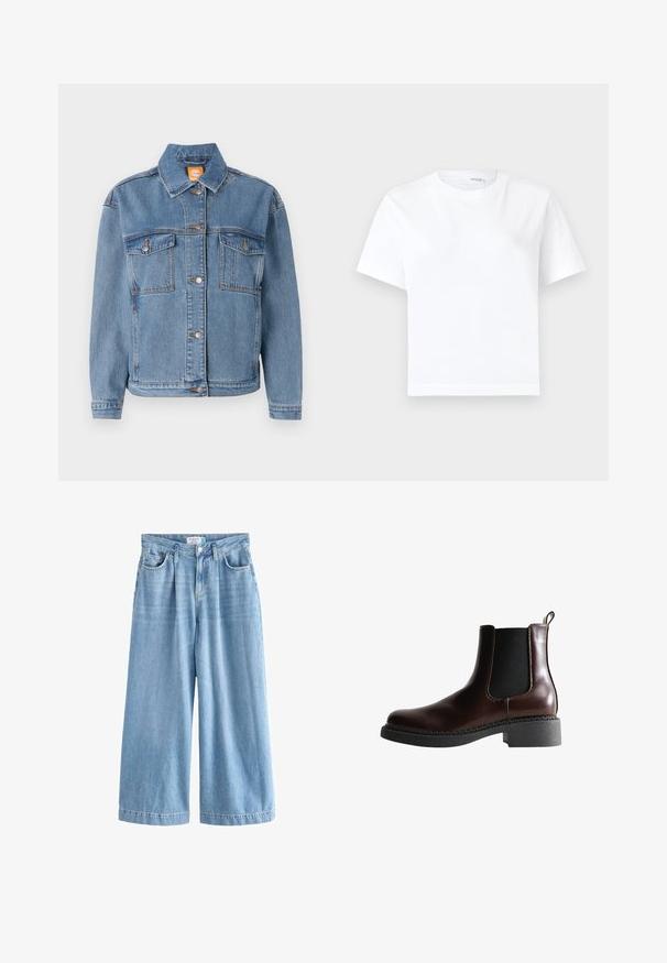 Blå denimjakke med klassisk krave, knappet front, to brystlommer med klapper og subtile syninger.; Hvid kortærmet bomuld t-shirt med rund halsudskæring og lige kant, vist på en hvid baggrund.; Lyseblå denim palazzo jeans med brede ben, der har høj talje, frontlommer og knaplukning. Diskret falmet tekstur.; Brune læder ankelstøvle med elastiske sidepaneler, rund tå og en struktureret sort gummisål. Har kontrasterende syninger og en trækflap.
