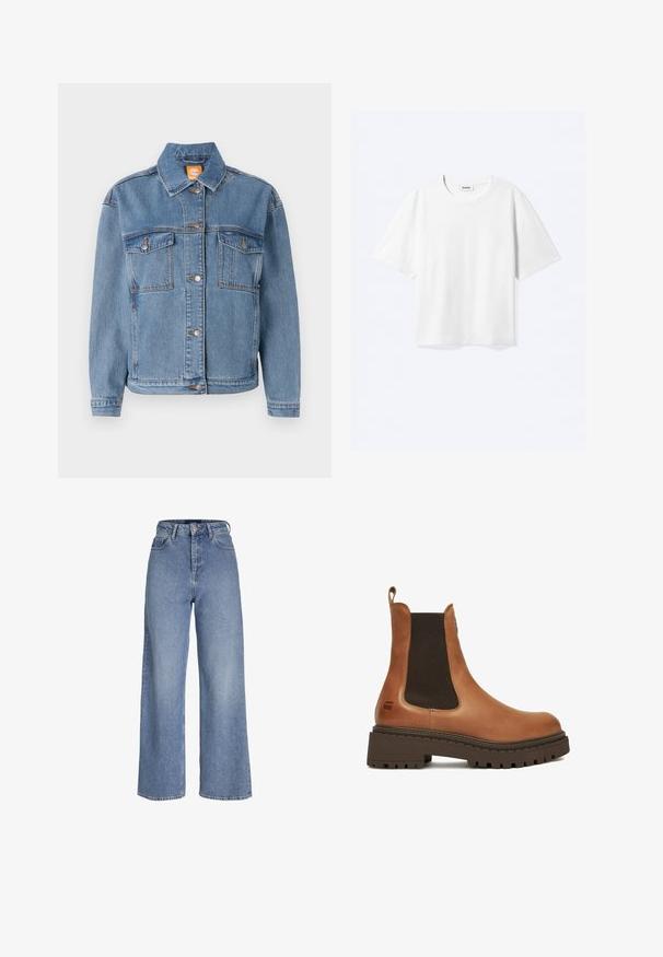 Blauwe denimjacket met een klassieke kraag, knopen aan de voorkant, twee borstzakken met kleppen en subtiele stikdetails.; Witte T-shirt met korte mouwen en een ronde hals met rechte zoom, met een "WEEKDAY" merklabel aan de binnenkant van de hals.; Lichtblauwe denim jeans met hoge taille, brede pijpen, voor knoop- en ritssluiting en een ontwerp met vijf zakken.; Bruine leren Chelsea-laars met dikke zwarte rubberen zool en elastische zijkanten, met een trekpasje aan de achterkant.