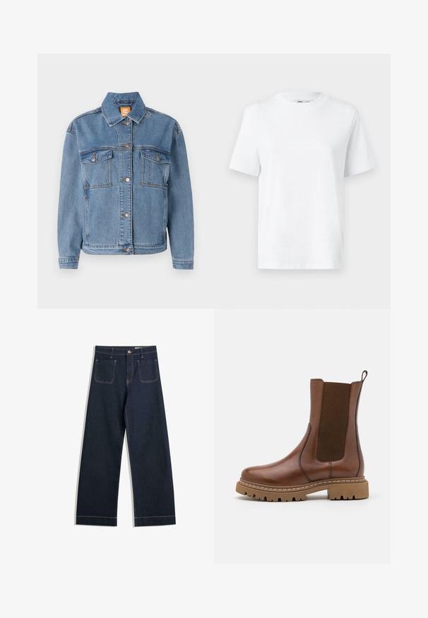 Blauwe denimjacket met een klassieke kraag, knopen aan de voorkant, twee borstzakken met kleppen en subtiele stikdetails.; Witte katoenen T-shirt met ronde hals, korte mouwen en een gladde textuur. Ontworpen met een comfortabele en veelzijdige relaxte pasvorm.; Donkerblauwe wijde jeans gemaakt van denim met contrasterende tan stiksels, twee achterzakken en een knoopsluiting bij de taille.; Bruine leren enkelboot met elastische panelen en een trekomed. Kenmerkt zich door een robuuste rubberen zool en zichtbare stiksels langs de randen.