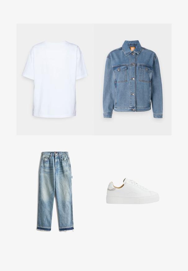 Blå denimjakke med klassisk krave, knappet front, to brystlommer med klapper og subtile syninger.; Enkelt hvid kortærmet bomulds t-shirt vist bagfra mod en lys grå baggrund.; Lyseblå denimjeans med lige ben, der har en frynset kant. Standardlommer og synlige syninger gennem hele. ; Hvid lav-sko sneaker med tyk gummisål, hvide snørebånd, lille perforeret detalje på siden og beige inderfor.