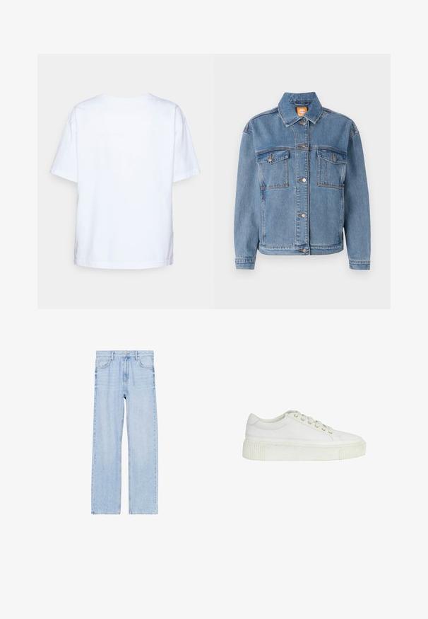Chaqueta de denim azul con cuello clásico, cierre de botones, dos bolsillos en el pecho con solapas y sutiles detalles de costura.; Camiseta de algodón blanca de manga corta vista desde atrás sobre un fondo gris claro.; Pantalones vaqueros de pierna ancha en azul claro, fabricados en denim. Presentan un diseño estándar de cinco bolsillos con cierre de botón y pasadores para cinturón.; Zapatilla blanca de perfil bajo con suela gruesa, cordones en la parte delantera y detalles de costura sutiles, sobre un fondo blanco liso.