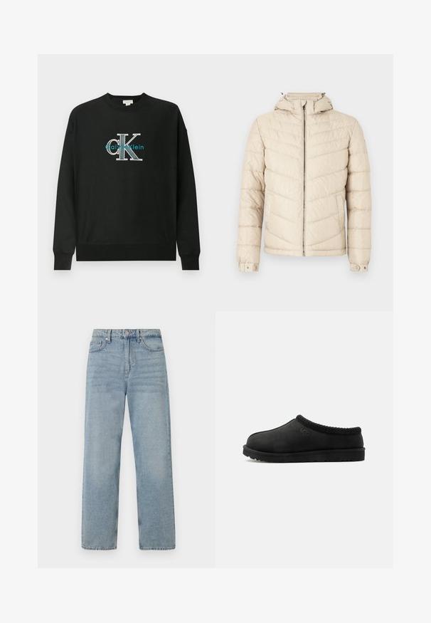 Beige dunjakke med quiltet design, lynlåslukning foran, justerbar hætte og trykknapper ved ærmekanterne. Fremstillet af let, blankt materiale.; Sort sweatshirt lavet af bomuld med rund hals, lange ærmer og et grafisk logo "CK" i hvid og teal på brystet.; Lys blå denim jeans med høj talje, lige ben-design, fem-lommes styling og subtil falming for et slidt udseende.; Sort slip-on UGG-tøfler med en blød sål og strikket kant rundt kraven, sidevisning på hvid baggrund.