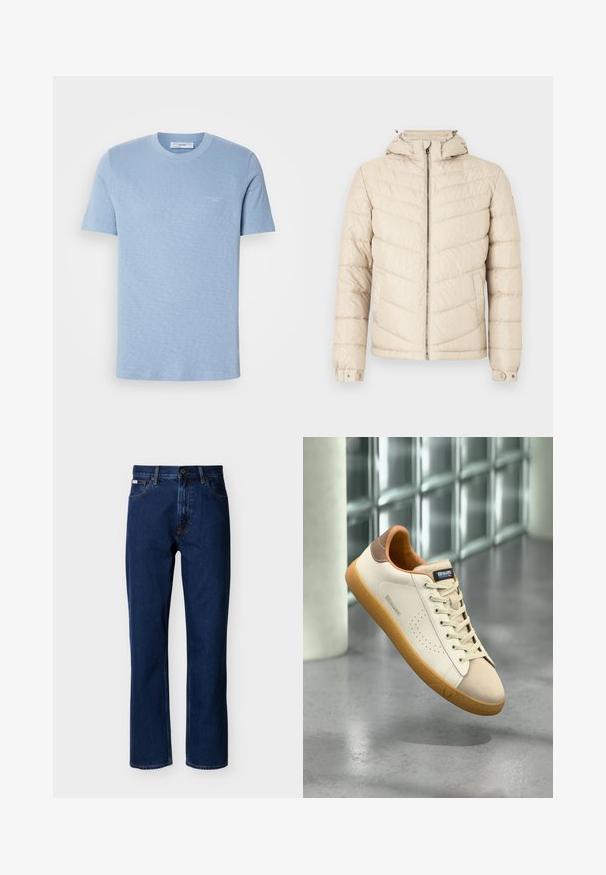 Beige donsjack met gewatteerd design, ritssluiting aan de voorkant, verstelbare capuchon en drukknopen bij de manchetten. Gemaakt van een lichtgewicht, glanzend materiaal.; Lichtblauwe katoenen t-shirt, korte mouwen, ronde hals, subtiele logo op de voorkant, gladde textuur, normale pasvorm.; Donkerblauwe jeans met rechte pijpen van denim, met een klassiek ontwerp van vijf zakken, subtiele stiksels en een knoopsluiting aan de voorkant.; Beige leren sneaker met gumzool en bruine hielstrook, voorzien van het merk "Blauer" aan de zijkant en op de tong, geplaatst tegen een vervaagde industriële achtergrond.