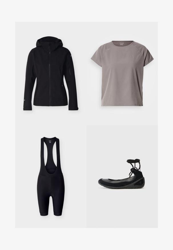 Veste softshell noire à fermeture éclair avec capuche, manches longues, poches zippées sur les côtés et les manches, présentée sur un fond clair uni.; T-shirt de sport gris clair à manches courtes avec un col rond, une texture lisse et des fentes latérales pour faciliter les mouvements. Présente un logo sur la poitrine.; Cuissard de cyclisme noir avec siège rembourré et larges bretelles, taille petite, présenté sur un fond gris clair.; Des ballerines noires en suède, avec une semelle en caoutchouc et des lacets entrecroisés. Présentant un bout rond et une accent latéral texturé.
