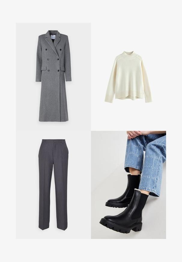 Grå uldfrakke med dobbeltbrystet design, spidse lapeller, tre knapper og to sidelommer. Har en lang, skræddersyet silhuet.; Cremefarvet sweater med ribbet høj hals, lange ærmer og en afslappet pasform. Struktureret strikstof og ribbestykke detalje i bunden.; Skræddersyede grå bukser lavet af stof med en subtil tekstur, med en lige ben design og pressede folder langs forsiden.; Sorte læder ankelstøvler med elastiske sidepaneler, teksturerede klodsede såler og lammeskindforing øverst, parret med lyseblå dekorerede jeans.