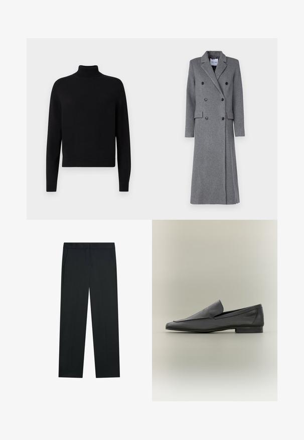 Grå uldfrakke med dobbeltbrystet design, spidse lapeller, tre knapper og to sidelommer. Har en lang, skræddersyet silhuet.; Sort turtleneck sweater med lange ærmer, ribbede manchetter og en tætsiddende kant. Blød tekstur, enkelt design og ensfarvet uden mønstre.; Sorte formelle bukser med lige ben og sidelommer, vist fladt mod en hvid baggrund.; Sorte læder loafers med en glat overflade, spids tå og minimalistisk design. Lav stablet hæl og subtile syninger.