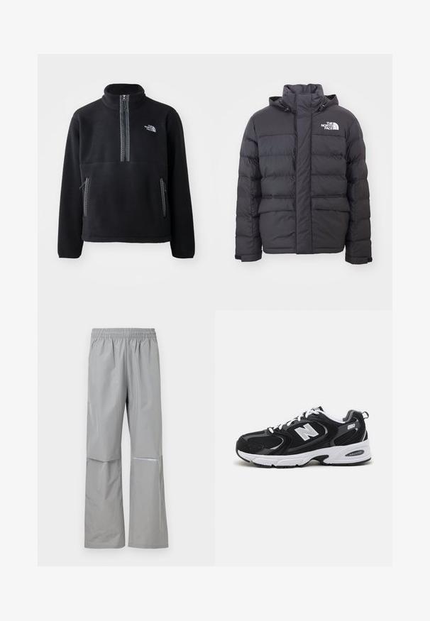 Zwarte gewatteerde jas met een hoge kraag en verstelbare capuchon, voorzien van het North Face-logo. Twee voorzakken met een gladde textuur.; Zwarte fleece half-zip pullover met hoge kraag, voorzien van een borstzak en twee zijzakken. Het ontwerp heeft een contrasterende ritsdetail.; Lichtgrijze waterdichte regenbroek met elastische tailleband en reflecterende strip aan de rechterpijp, ontworpen voor buitengebruik.; Zwarte en grijze sport schoenen met een bovenwerk van mesh en suede, voorzien van een witte tussenzool, veters en een gedurfde "N"-logo aan de zijkant.
