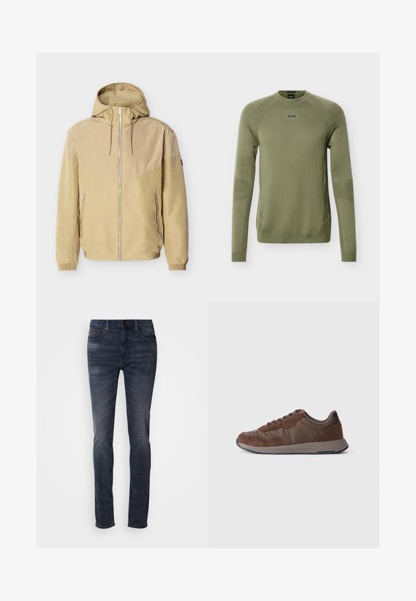 Veste beige à capuche avec fermeture éclair intégrale à l'avant, deux poches latérales zippées, poignets élastiques et design bicolore sur les manches et la poitrine.; Pull en maille vert olive à manches longues avec col rond, poignets et ourlet côtelés, et logo "BOSS" sur la poitrine.; Jean en denim délavé foncé avec une coupe slim, doté d'une fermeture à boutons, de cinq poches, et d'un délavage subtil. Design à jambes droites avec une texture lisse.; Basket marron présentant un mélange de matériaux lisses et en daim, un bout rond, une semelle en caoutchouc texturée et un accent de talon noir contrastant.