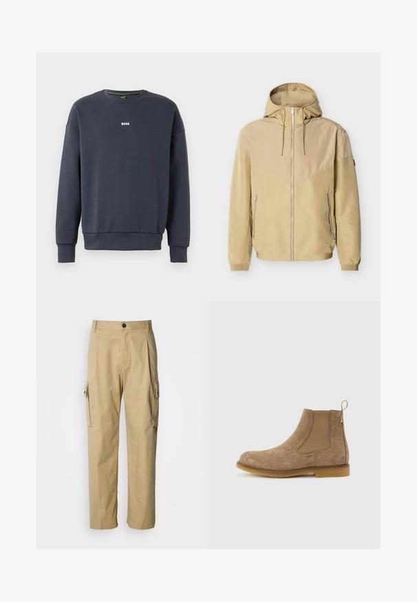 Beige hættejakke med fuld lynlås foran, to sidelommer med lynlås, elastiske manchetter og farveblok-design på ærmer og bryst.; Marineblå sweatshirt lavet af blødt materiale, med rund halsudskæring, lange ærmer og et lille hvidt "BOSS" logo på brystet.; Beige cargobukser lavet af holdbart stof, med løs pasform, sidelommer og knaplukning i taljen.; Lysebrun ruskinds Chelsea-støvle med elastiske sidepaneler, træk-flap ved hælen og gummisål.