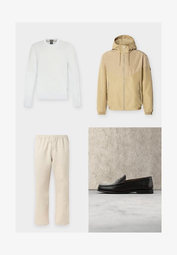 Veste beige à capuche avec fermeture éclair intégrale à l'avant, deux poches latérales zippées, poignets élastiques et design bicolore sur les manches et la poitrine.; Pull blanc à manches longues col rond avec poignets et ourlet côtelés, design simple et étiquette de marque BOSS à l'intérieur du col.; Pantalon beige à jambe droite avec taille élastique, devant plat et sans poches visibles sur un fond clair.; Mocassin penny en cuir noir avec talon bas, bout arrondi et détails cousus à l'avant et sur les côtés, présenté sur un fond neutre.