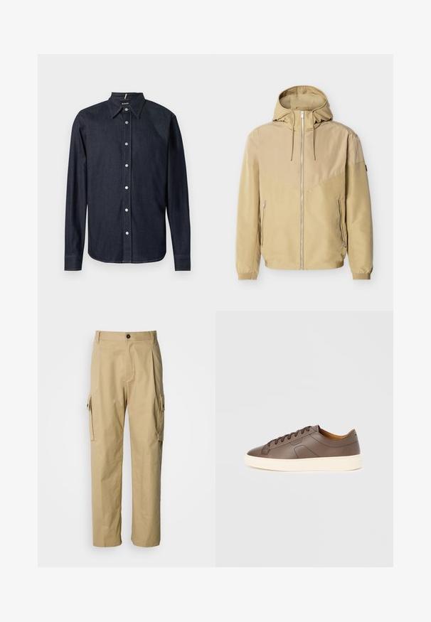 Veste beige à capuche avec fermeture éclair intégrale à l'avant, deux poches latérales zippées, poignets élastiques et design bicolore sur les manches et la poitrine.; Chemise en denim bleu foncé à manches longues avec col pointu et boutons-pression argentés sur le devant, avec surpiqûres contrastantes.; Pantalon cargo beige en tissu résistant, avec une coupe décontractée, des poches latérales et une fermeture par bouton à la taille.; Baskets en cuir marron à texture lisse, semelle extérieure crème contrastante, bout arrondi et lacets marron foncé ; présente un logo discrètement embossé.