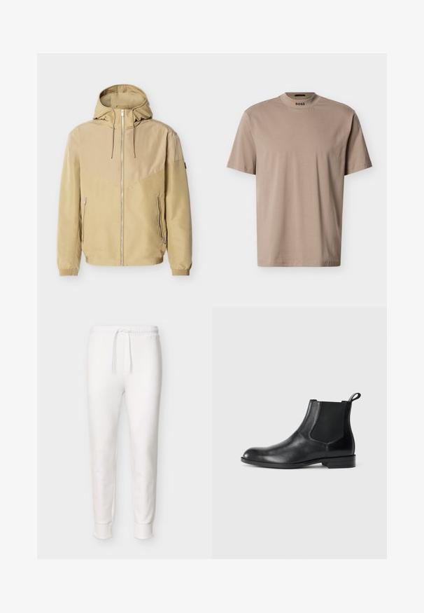 Veste beige à capuche avec fermeture éclair intégrale à l'avant, deux poches latérales zippées, poignets élastiques et design bicolore sur les manches et la poitrine.; T-shirt beige à manches courtes avec un col rond haut et le logo "BOSS" sur le col. Fabriqué en tissu doux avec une texture lisse.; Pantalon jogger blanc à coupe slim avec taille élastique et cordon de serrage, poignets côtelés aux chevilles, présenté sur un fond uni.; Bottine en cuir noir avec des panneaux latéraux élastiques, bout rond et tirette. Texture lisse, semelle plate, design minimaliste.