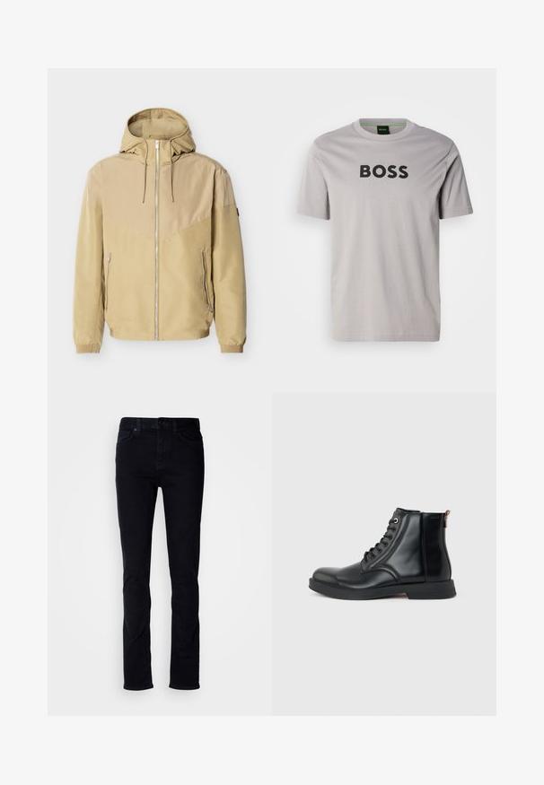Beige hættejakke med fuld lynlås foran, to sidelommer med lynlås, elastiske manchetter og farveblok-design på ærmer og bryst.; Lysegrå T-shirt med korte ærmer lavet af bomuld, med en stor sort "BOSS"-logo på forsiden. Klassisk rund hals.; Sorte denimjeans med slim fit, fem-lomme design, synlig syning og knappelukning. Glat tekstur uden yderligere mønstre.; Sort læderankelstøvle med snørelukning foran, rundet tå, flad sål og træksløjfe bagpå på en ensartet lys grå baggrund.