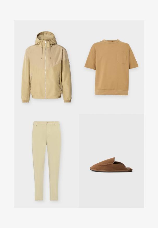 Veste beige à capuche avec fermeture éclair intégrale à l'avant, deux poches latérales zippées, poignets élastiques et design bicolore sur les manches et la poitrine.; T-shirt à manches courtes en coton marron clair, avec un col rond et une poche poitrine unique ornée d'une couture droite.; Pantalon beige coupe slim avec passants pour ceinture, fermeture à boutons et poches avant, présenté à plat sur un fond clair.; Chausson en daim marron avec un intérieur doux, design à dos ouvert et coutures le long des bords. Semelle extérieure en caoutchouc plate.