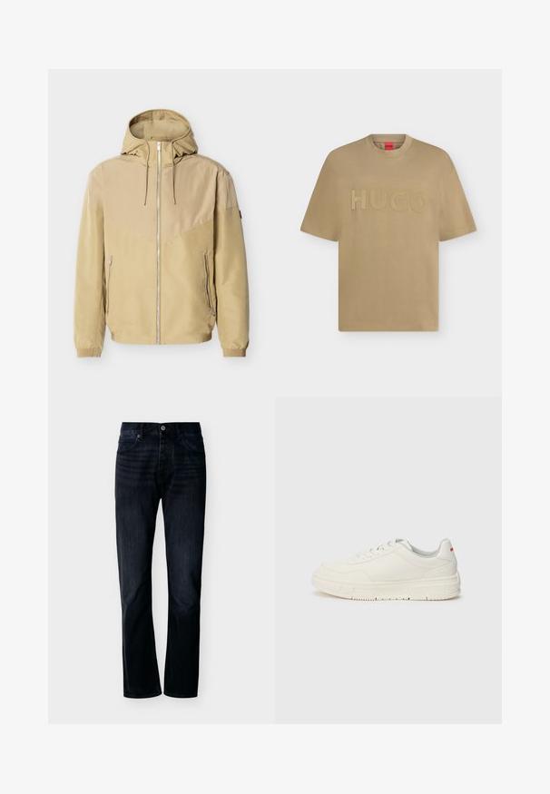 Beige hættejakke med fuld lynlås foran, to sidelommer med lynlås, elastiske manchetter og farveblok-design på ærmer og bryst.; Beige T-shirt med korte ærmer, rund hals og præget "HUGO" logo centreret på brystet.; Mørk indigoblå jeans med lige ben, lukning foran med knap og lynlås, bæltestropper og fem-lomme-design, vist på ensfarvet lys baggrund.; Hvide sneakers med en glat læderoverdel, rund tå, flade snørebånd og en struktureret gummisål. Der er en rød detalje på hælen.