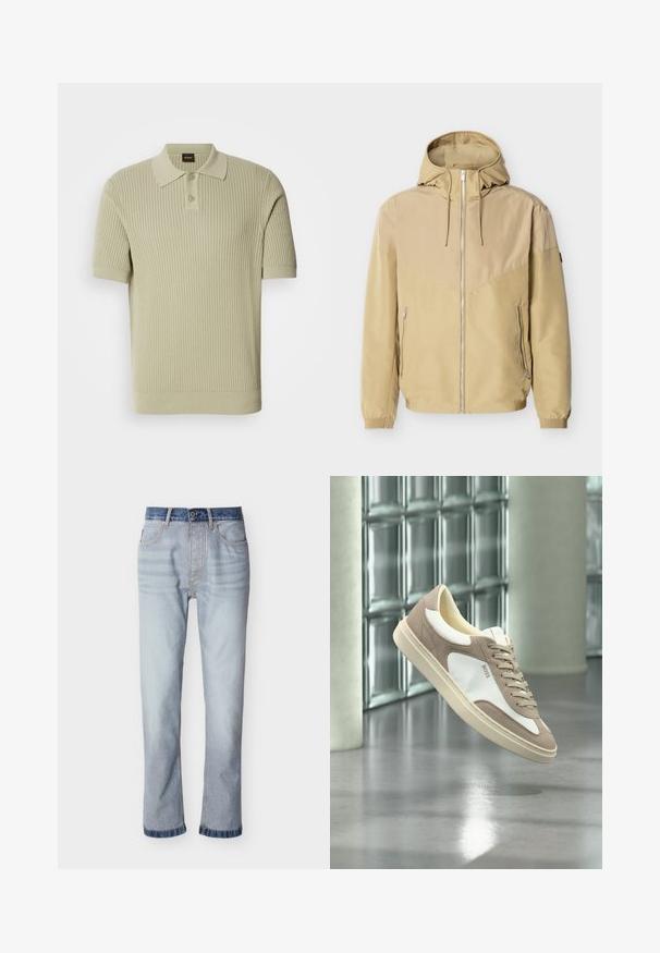 Beige gewatteerde jas met capuchon, volledige ritssluiting aan de voorkant, twee zijzakken met rits, elastische manchetten en een kleurblokontwerp op de mouwen en borst.; Lichtgroene geribbelde polo met korte mouwen, voorzien van een knoopsluiting en een platte kraag. Zachte gebreide textuur met een snug fit.; Lichtblauwe spijkerbroek met een donkerblauwe tailleband, rechte pijp, vijf zakken en zichtbare stiksel details.; Beige en witte suède sneaker met veters en "BOSS"-logo, zwevend boven een gepolijste betonnen vloer met glazen blokken muren op de achtergrond.