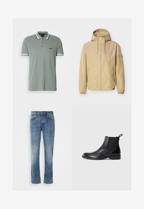 Beige Kapuzenjacke mit durchgehendem Frontreißverschluss, zwei Reißverschlusstaschen an den Seiten, elastischen Bündchen und Farbblock-Design an Ärmeln und Brust.; Hellgrünes Poloshirt mit klassischem Kragen, drei-Knopf-Leiste und gestreiften Akzenten an den Ärmeln. "BOSS"-Logo auf der Brust.; Helle blaue Jeans aus Denim mit geraden Beinen, fünf Taschen, kontrastierenden Nähten und einem abgewetzten Finish. Verfügt über einen Knopf- und Reißverschluss.; Schwarze Leder-Stiefelette mit elastischen Seiteneinsätzen, abgerundeter Zehenpartie und einem Zugschlauf. Glatte Textur, flache Sohle, minimalistisches Design.