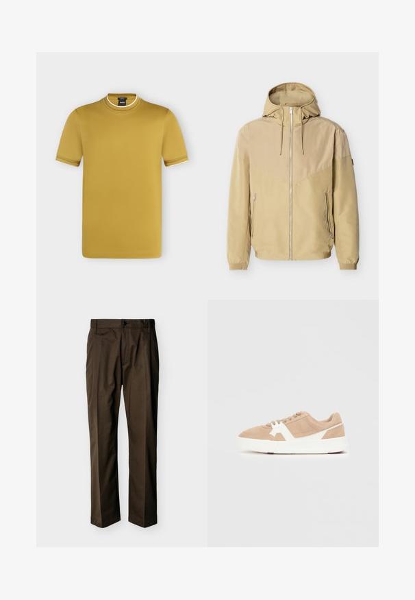 Veste beige à capuche avec fermeture éclair intégrale à l'avant, deux poches latérales zippées, poignets élastiques et design bicolore sur les manches et la poitrine.; T-shirt à manches courtes couleur moutarde avec bordure blanche au col et aux manches, étiquette de marque noire à l’intérieur du col.; Pantalon marron droit avec fermeture à bouton et fermeture éclair, passants de ceinture et détails de plis à l'avant, présenté sur un fond uni.; Baskets en daim beige avec des accents blancs. Bout rond, fermeture à lacets et épaisse semelle blanche avec une touche de rouge en bas.