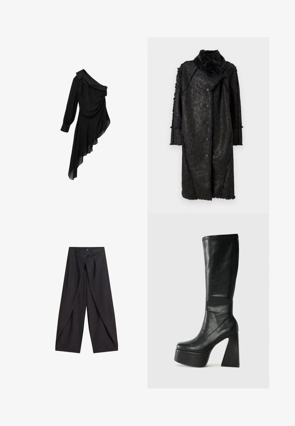Manteau noir en matériau texturé, avec un col en fourrure, des manches longues et cinq boutons sur le devant. Présente des bords effilochés et un design angulaire.; Robe noire en tissu fluide, avec un design asymétrique à une épaule, un devant drapé, une longue manche et un ourlet inégal.; Pantalon noir à jambes larges avec panneaux avant superposés et deux boutons à la taille, présenté à plat sur fond blanc.; Bottine noire en cuir, haute jusqu'au genou, avec une plateforme épaisse et un talon géométrique. Texture lisse avec des détails decouture sur le bord supérieur.