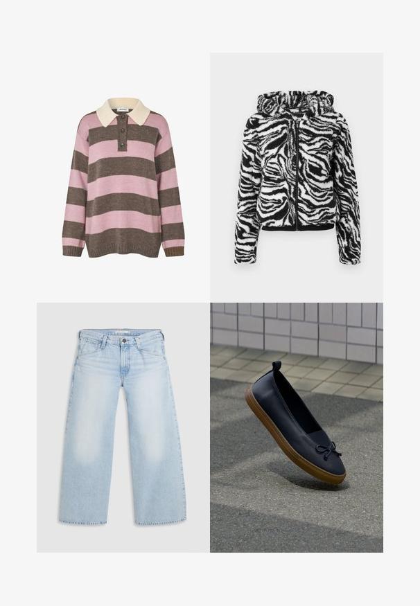 Zebra-mønstret fleece hoodie i sort og hvid med lynlås foran, elastiske manchetter og kant. Blød tekstur, fuldt foret, med justerbar hætte.; Strikket pullover i lyserøde og brune striber med en cremet krave, der har tre knapper ved halsen samt ribkant ved ærmerne og kanten.; Lyseblå vid nederdel jeans lavet af denim. Har lige snit, fem lommers design og knaplukning i taljen.; Sort læder slip-on sko med brun gummisål og bundet sløjfedetalje, svævende over en grå fortov ved siden af en flisebelagt væg.