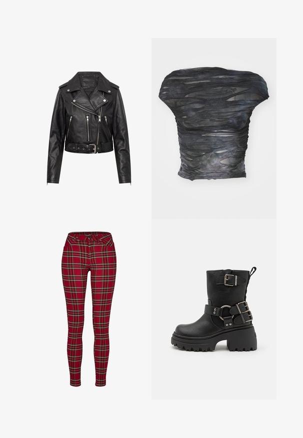 Schwarze Leder-Bikerjacke mit asymmetrischem Reißverschluss, drei Reißverschlusstaschen, Druckknopfkragen, Schulterklappen und tailliertem Gürtel.; Schwarzes, durchscheinendes Oberteil mit einem strukturierten, geschichteten Design, das horizontale Schnitte aufweist. Das Material wirkt leicht und zeigt dezente Farbvariationen.; Rote karierte Skinny Jeans mit einer taillierten Passform, die gelbe und schwarze Linien aufweisen, einem Knopfverschluss und klassischen Fronttaschen.; Schwarze Leder-Stiefel bis zum Knöchel mit einer klobigen Sohle, Schnallen- und Riemenakzenten sowie einer strukturierten Oberfläche. Verfügt über eine Zuglasche für einfaches An- und Ausziehen.