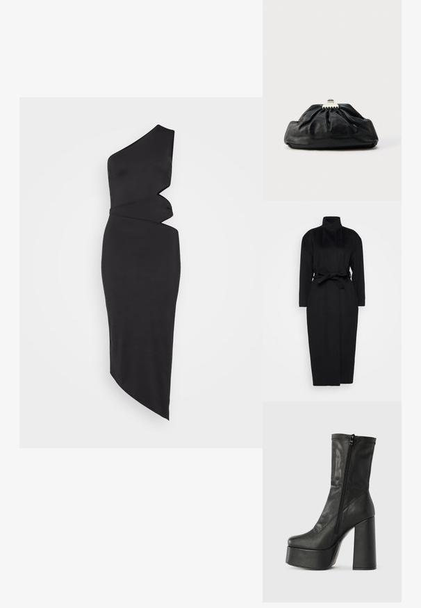 Abrigo negro de manga larga hecho de un tejido suave, con un collar alto y un cinturón de tela atado a la cintura, con una silueta recta y detalles de diseño mínimos.; Vestido negro de un solo hombro hecho de una tela suave, con un corte asimétrico, detalles drapeados y una silueta elegante y ajustada.; Botín de cuero negro hasta el tobillo con un alto tacón ancho, suela de plataforma y cierre con cremallera lateral. Textura suave con detalle de costura superior.; Bolso de mano de cuero negro con textura recogida, cierre de broche metálico y logo en relieve sutil en el frente. Forma redondeada.