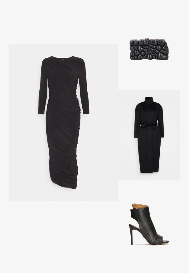 Schwarzer langärmeliger Mantel aus weichem Stoff, mit hohem Kragen und einem gebundenen Taillengürtel, gerader Silhouette und minimalen Designdetails.; Norma Kamali DIANA GOWN - Jerseykleid - black; Schwarze Leder-Sandaletten mit hohem Absatz, offen an der Zehe und mit ausgeschnittenem Design. Verfügt über einen Stiletto-Absatz und einen konturierten Knöchelbereich.; Glänzende schwarze Clutch mit abstrakter, strukturierter Oberfläche und kleinem Metallverschluss oben, vor weißem Hintergrund dargestellt.