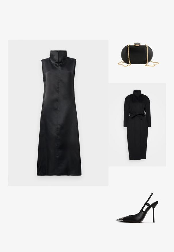 Manteau noir à manches longues en tissu doux, doté d'un col haut et d'une ceinture nouée à la taille, avec une silhouette droite et des détails de design minimaux.; Robe sans manches en satin noir avec un col haut, texture lisse et silhouette droite, longueur cheville. Design minimaliste sans embellissements.; Mocassin noir à talon slingback avec un bout pointu et un cap en métal brillant. Caractéristiques : un haut talon aiguille et une sangle fine autour de la cheville. Texture en cuir lisse.; Sac à main pochette ovale noire avec surface lisse, bandoulière chaîne dorée et fermoir rond noir et or sur fond blanc.