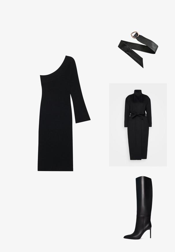 Schwarzer langärmeliger Mantel aus weichem Stoff, mit hohem Kragen und einem gebundenen Taillengürtel, gerader Silhouette und minimalen Designdetails.; Schwarzes geripptes Strickkleid mit asymmetrischem Ausschnitt und einem Glockenärmel, mit einer figurschmeichelnden Silhouette bis zum Knie.; Knöchelhohe schwarze Leder-Stiletto-Stiefel mit spitzem Zeh. Glatte Textur, strukturiertes Design und schmaler hoher Absatz. Keine sichtbaren Beschläge oder Muster.; Schwarzer Ledergürtel mit einer großen, abgerundeten rechteckigen bronzenen Schnalle und spitzen Enden, flach auf einem weißen Hintergrund ausgelegt.