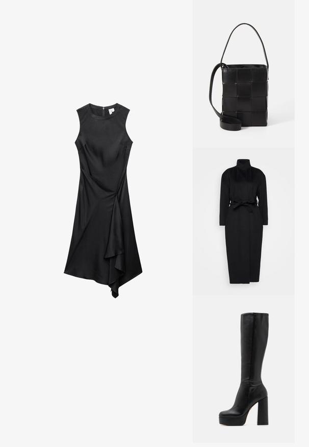 Manteau noir à manches longues en tissu doux, doté d'un col haut et d'une ceinture nouée à la taille, avec une silhouette droite et des détails de design minimaux.; Robe noire sans manches avec encolure ronde et ourlet drapé asymétrique, dotée d'une fermeture éclair au dos.; Bottes noires montantes en cuir lisse avec une finition texturée, dotées d'un talon bloc haut et d'un design à bout rond.; Sac en cuir noir avec un design tissé. Forme rectangulaire, courte anse et sangle ajustable. Texture lisse avec une finition mate.