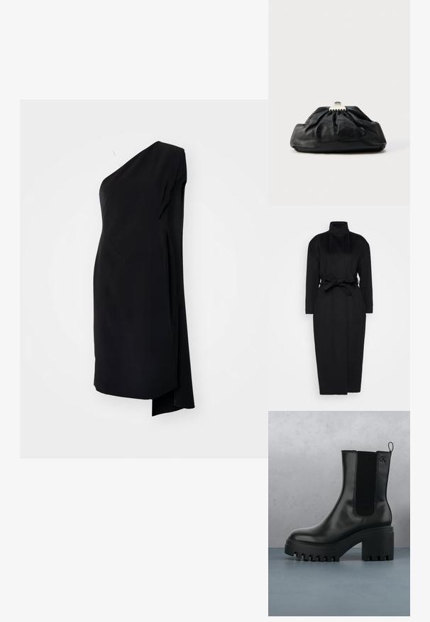Manteau noir à manches longues en tissu doux, doté d'un col haut et d'une ceinture nouée à la taille, avec une silhouette droite et des détails de design minimaux.; Robe asymétrique noire à une épaule, en tissu satiné, avec un design drapé et une fente sur le côté pour un détail supplémentaire.; Bottines en cuir noir avec bout rond, semelle épaisse, et accents en maille sur les côtés. Comprend une languette à l'arrière pour un enfilage facile.; Pochette en cuir noir avec une texture plissée, fermeture à fermoir métallique, et logo embossé discret sur le devant. Forme arrondie.