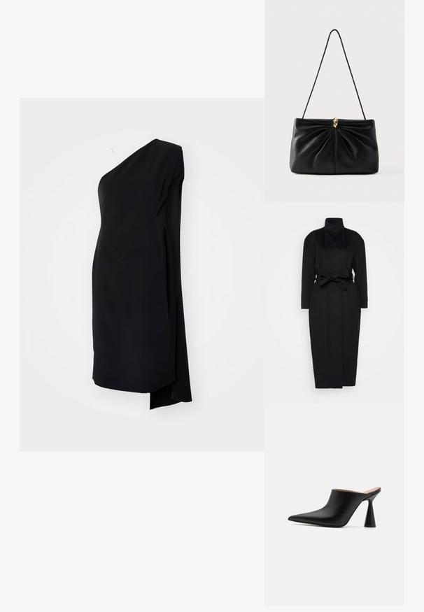 Manteau noir à manches longues en tissu doux, doté d'un col haut et d'une ceinture nouée à la taille, avec une silhouette droite et des détails de design minimaux.; Robe asymétrique noire à une épaule, en tissu satiné, avec un design drapé et une fente sur le côté pour un détail supplémentaire.; Mules en cuir noir avec un bout pointu et un talon conique unique. Texture lisse et design minimaliste, à dos ouvert pour un enfilage facile.; Sac à main en cuir noir avec un design torsadé à l'avant, une bandoulière unique et un accent en métal doré au centre. Texture lisse.