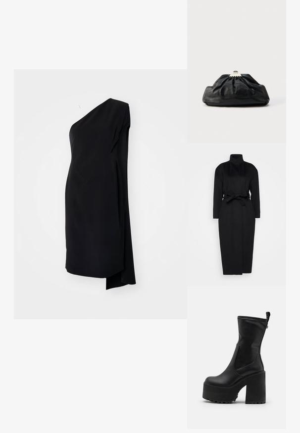 Schwarzer langärmeliger Mantel aus weichem Stoff, mit hohem Kragen und einem gebundenen Taillengürtel, gerader Silhouette und minimalen Designdetails.; Schwarzes asymmetrisches Kleid mit einem Schulterträger, aus glattem Stoff, mit drapierter Gestaltung und seitlichem Schlitz für zusätzliche Details.; Buffalo KILLAH SOCK BOOT - Plateaustiefel - black; Schwarze Leder-Clutch mit geraffter Textur, Metallverschluss und dezentem, auf der Vorderseite geprägtem Logo. Abgerundete Form.