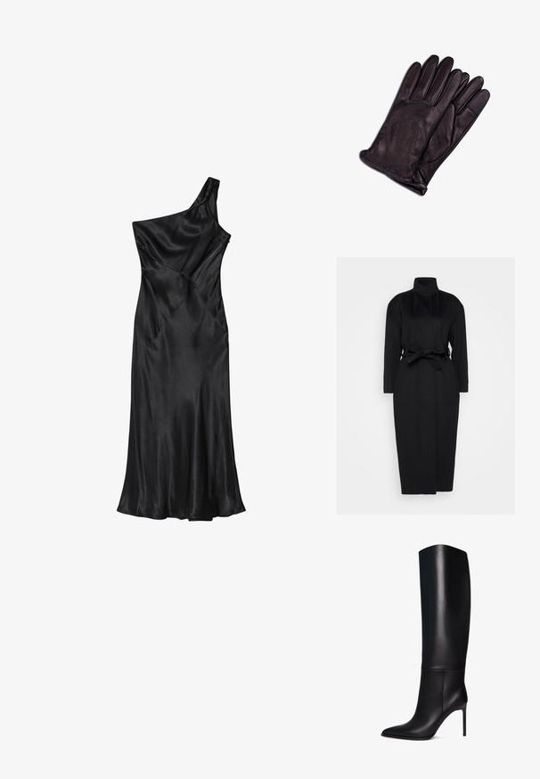 Schwarzer langärmeliger Mantel aus weichem Stoff, mit hohem Kragen und einem gebundenen Taillengürtel, gerader Silhouette und minimalen Designdetails.; Schwarzes Satin-Kleid mit einer Schulter, tailliertem Oberteil und ausgestelltem Rock, mit diagonalen Nähten und durchgehend glatter Textur.; Knöchelhohe schwarze Leder-Stiletto-Stiefel mit spitzem Zeh. Glatte Textur, strukturiertes Design und schmaler hoher Absatz. Keine sichtbaren Beschläge oder Muster.; CASH-MERE Fingerhandschuh - schwarz