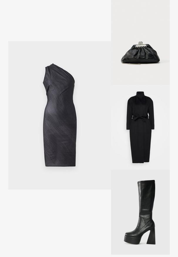 Abrigo negro de manga larga hecho de un tejido suave, con un collar alto y un cinturón de tela atado a la cintura, con una silueta recta y detalles de diseño mínimos.; Vestido negro asimétrico con un hombro, textura drapeada, a la altura de la rodilla, silueta ajustada y cierre de cremallera en la espalda.; Bota de cuero negra hasta la rodilla con una plataforma gruesa y un tacón geométrico. Textura suave con detalles de costura en el borde superior.; Bolso de mano de cuero negro con diseño fruncido, cierre de herrajes plateados y correa de cadena. Marca sutil grabada en relieve en la parte delantera.