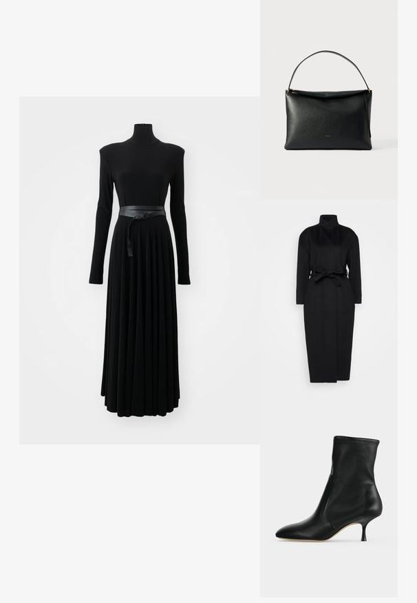 Zwarte lange mouwen jas gemaakt van zachte stof, met een hoge kraag en een gestrikt tailleband, met een rechte silhouet en minimale ontwerpdetails.; Norma Kamali SHOULDER PAD TURTLE FLARED DRESS TO MIDCALF - Jerseyjurk - black; Zwarte leren enkellaars met spitse neus en smalle hak van middelhoge hoogte, zijaanzicht op een lichte achtergrond.; Zwarte leren handtas met een gladde textuur, een gebogen handvat en een gouden ritssluiting. Minimalistisch ontwerp met een subtiel logo.