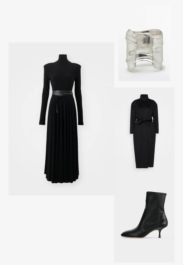 Zwarte lange mouwen jas gemaakt van zachte stof, met een hoge kraag en een gestrikt tailleband, met een rechte silhouet en minimale ontwerpdetails.; Norma Kamali SHOULDER PAD TURTLE FLARED DRESS TO MIDCALF - Jerseyjurk - black; Zwarte leren enkellaars met spitse neus en smalle hak van middelhoge hoogte, zijaanzicht op een lichte achtergrond.; Brede zilveren manchetarmband met een geboetseerd, onregelmatig gevouwen ontwerp en reflecterend gepolijst oppervlak tegen een effen achtergrond.