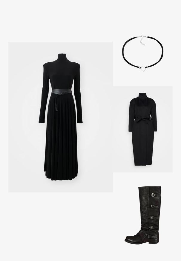 Abrigo negro de manga larga hecho de un tejido suave, con un collar alto y un cinturón de tela atado a la cintura, con una silueta recta y detalles de diseño mínimos.; Norma Kamali SHOULDER PAD TURTLE FLARED DRESS TO MIDCALF - Vestido ligero - black; Bota de cuero negro hasta la rodilla con un acabado texturizado, diseño ajustado y cinco correas ajustables con hebilla a lo largo del costado. Suela plana.; Choker de ante sintético negro con un colgante de corazón plateado en el centro, que presenta acentos metálicos redondos y un cierre con una cadena de extensión.