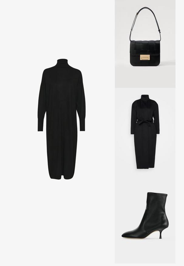 Manteau noir à manches longues en tissu doux, doté d'un col haut et d'une ceinture nouée à la taille, avec une silhouette droite et des détails de design minimaux.; Robe en tricot noir avec un col montant haut, des manches longues et une coupe décontractée. Texture lisse, longueur mi-mollet et sans motifs ni accents visibles.; Bottine en cuir noir avec bout pointu et talon fin de hauteur moyenne, vue de profil sur fond clair.; Loeffler Randall DESI CROSSBODY WITH LOCK HARDWARE - Sac bandoulière - black