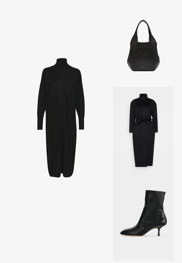 Abrigo negro de manga larga hecho de un tejido suave, con un collar alto y un cinturón de tela atado a la cintura, con una silueta recta y detalles de diseño mínimos.; Vestido negro de punto con un cuello alto tipo mock, mangas largas y un corte holgado. Textura suave con una longitud hasta la mitad de la pantorrilla y sin patrones ni acentos visibles.; Botín negro de cuero con puntera puntiaguda y tacón medio y delgado, mostrado de perfil sobre un fondo claro.; Bolso tote de cuero negro con un diseño holgado, que presenta un gran bolsillo frontal y asas cortas, acentuado por un detalle de logo en relieve en la parte inferior.