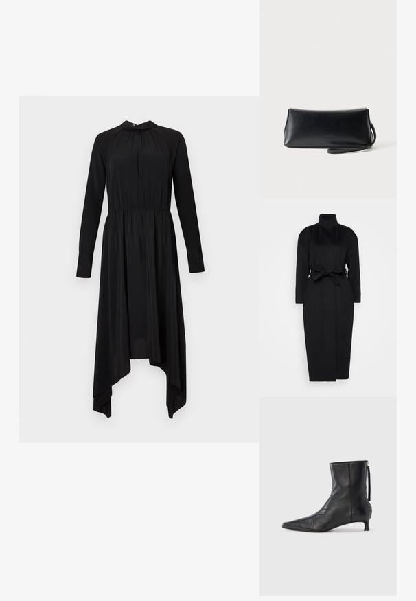 Schwarzer langärmeliger Mantel aus weichem Stoff, mit hohem Kragen und einem gebundenen Taillengürtel, gerader Silhouette und minimalen Designdetails.; Schwarzes Kleid mit langen Ärmeln, gerafftem Rundhalsausschnitt und asymmetrischem Saum. Hergestellt aus glattem Stoff mit flexiblem Bund und fließender Silhouette.; Schwarzer Leder-Stiefelette mit spitz zulaufender Spitze, strukturierter Form und niedrigem Absatz. Verfügt über einen Seitenreißverschluss und ein minimalistisches Design.; Schwarze, glatte Leder-Clutch mit schmalem Handgelenksriemen, rechteckiger Form und dezentem, geprägtem Logo mittig auf der Vorderseite.