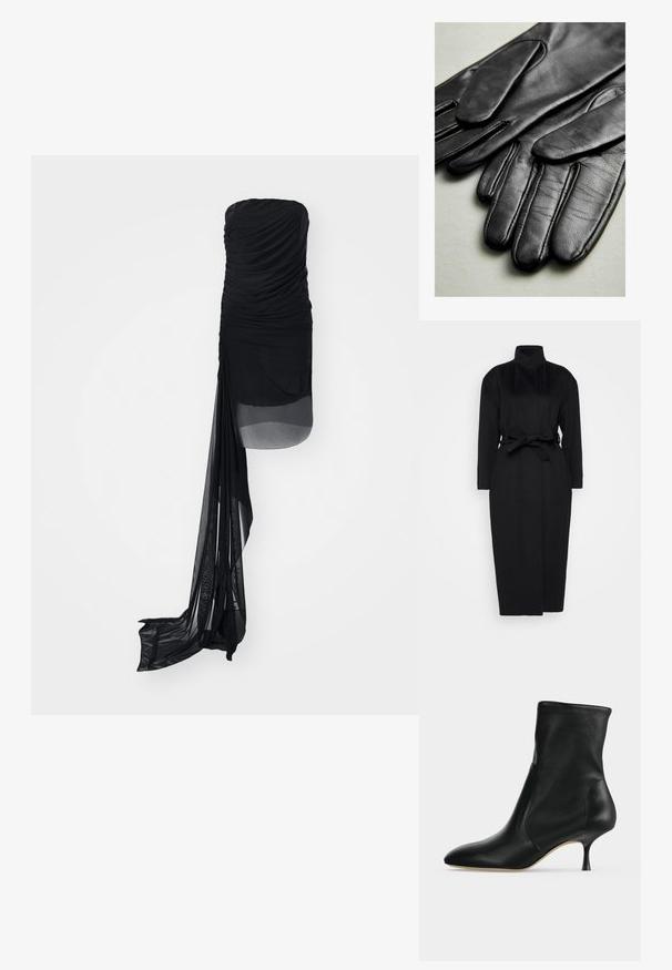 Schwarzer langärmeliger Mantel aus weichem Stoff, mit hohem Kragen und einem gebundenen Taillengürtel, gerader Silhouette und minimalen Designdetails.; Schwarzes, ärmelloses Kleid aus gerafftem Stoff, mit einem transparenten Überzug und einem verlängerten, fließenden Besatz auf einer Seite. Glatte Textur im gesamten Kleid.; Schwarzer Lederknöchelstiefel mit spitzer Spitze und schlankem, mittelhohem Absatz, seitlich vor hellem Hintergrund dargestellt.; Schwarze Lederhandschuhe mit glatter Textur, die Nähte entlang der Finger und ein tailliertes Design aufweisen. Weiches, geschmeidiges Material für Komfort.
