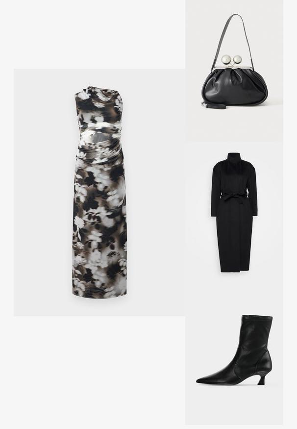 Schwarzer langärmeliger Mantel aus weichem Stoff, mit hohem Kragen und einem gebundenen Taillengürtel, gerader Silhouette und minimalen Designdetails.; Maxikleid aus weichem Stoff mit einem schwarzen, weißen und grauen Blumenmuster. Ein-Schulter-Design mit raffiniertem Detail an der Taille.; Schwarzer Leder-Stiefel bis zur Mitte der Wade mit spitzer Schuhspitze und niedrigem Kittenabsatz, seitlich auf hellem einfarbigem Hintergrund gezeigt.; Schwarze Ledertasche mit gerafftem Design, einem einzelnen Riemen, silbernem Metallrahmen und zwei großen runden silbernen Verschlüssen.