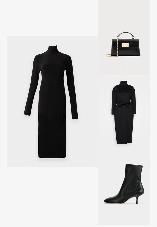 Abrigo negro de manga larga hecho de un tejido suave, con un collar alto y un cinturón de tela atado a la cintura, con una silueta recta y detalles de diseño mínimos.; Vestido negro de manga larga con cuello alto y textura acanalada, que presenta una silueta recta y un dobladillo a la altura de la rodilla.; Botín negro de cuero con puntera puntiaguda y tacón medio y delgado, mostrado de perfil sobre un fondo claro.; Bolso de mano de cuero negro con una forma estructurada, que cuenta con un asa superior y una correa de cadena en tono dorado. Herrajes decorativos dorados con detalle de logo.