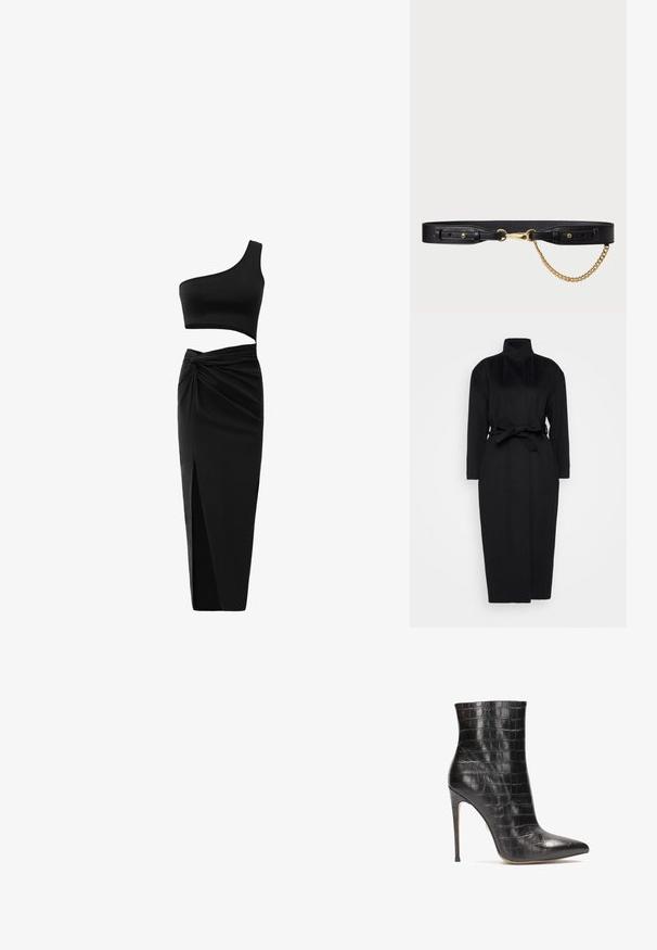 Abrigo negro de manga larga hecho de un tejido suave, con un collar alto y un cinturón de tela atado a la cintura, con una silueta recta y detalles de diseño mínimos.; Conjunto negro de dos piezas que incluye un top corto de un solo hombro y una falda de cintura alta con un detalle retorcido y una abertura lateral. Tejido suave.; Botines de cuero negro hasta el tobillo con textura de cocodrilo, punta afilada y un alto tacón stiletto, con un acabado brillante.; Cinturón de cuero negro con un cierre de metal dorado y un acento de cadena decorativa dorada. Cuenta con agujeros ajustables y una textura suave.